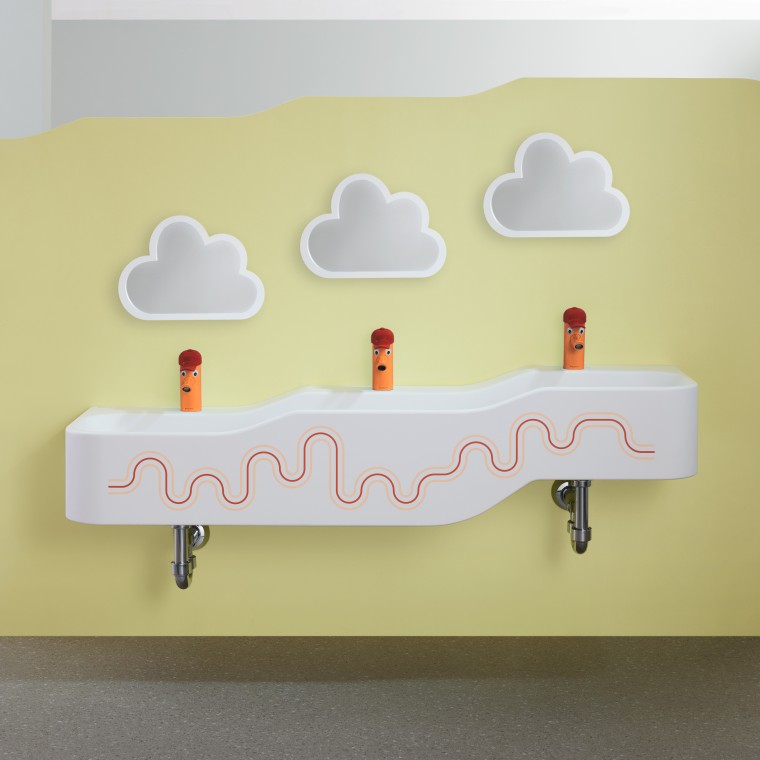 Geberit Bambini područje za igru i pranje u karmin crvenoj i narandžastoj boji