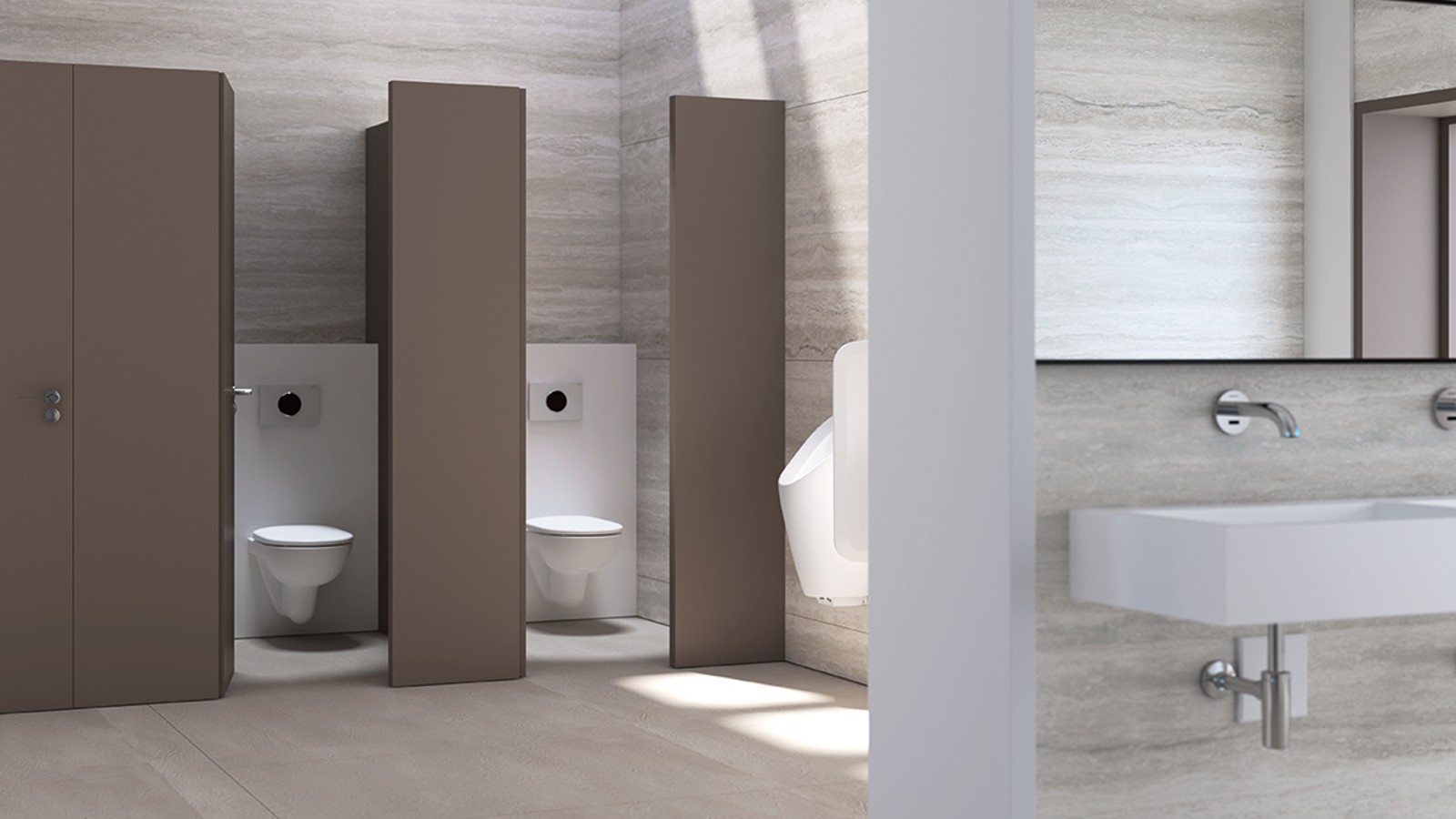 Javni WC-i sa Geberit vodokotlićima, tipkama za aktiviranje i pisoarima Javni WC-i sa Geberit vodokotlićima, tipkama za aktiviranje i pisoarima