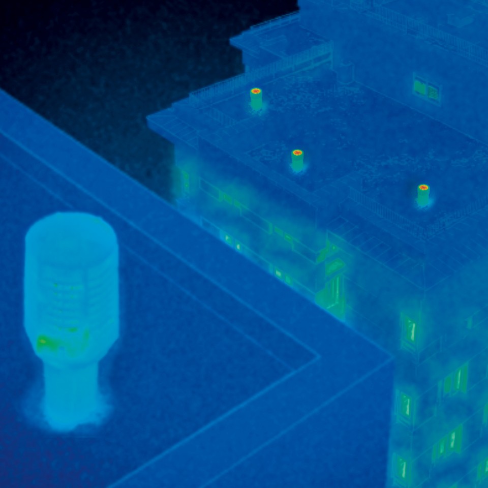 Thermal image of the ventilation pipes with Geberit energy retaining valve ERV and open at the top