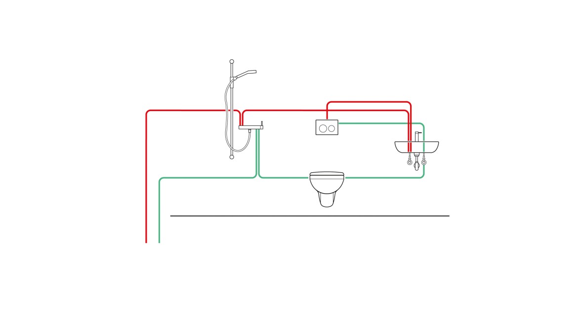 Primer cevovoda ugradnog vodokotlića sa intervalnom jedinicom za higijensko ispiranje (© Geberit)