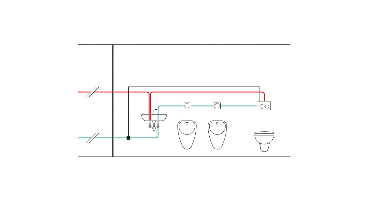 Primer cevovoda ugradnog vodokotlića sa kontrolom temperature sa jedinicom za higijensko ispiranje i korišćenjem temperaturnog senzora. (© Geberit)