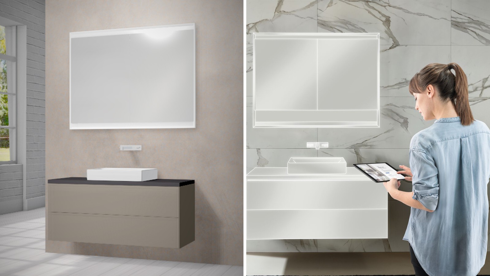 Žena konfiguriše prostor oko umivaonika uz pomoć Konfiguratora Žena konfiguriše prostor oko umivaonika uz pomoć Konfiguratora