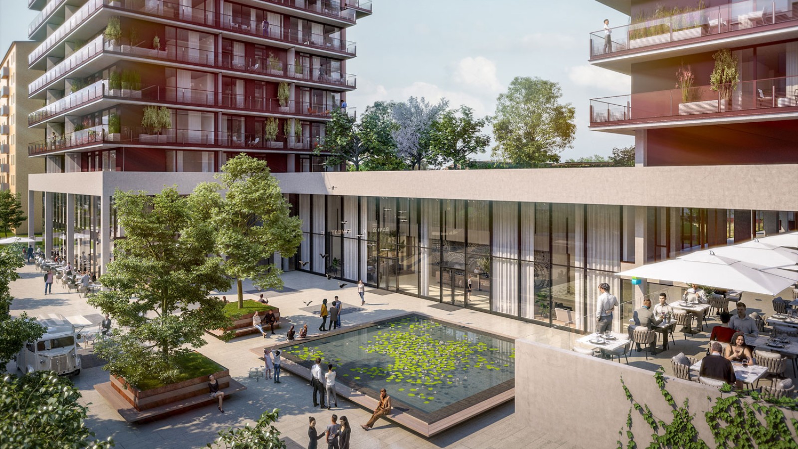 On the ground floor, the three towers are connected to each other (© Soravia) On the ground floor, the three towers are connected to each other (© Soravia)