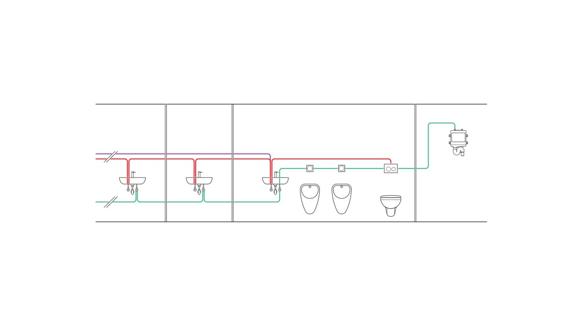 Primer cevovoda intervalno kontrolisane jedinice za higijensko ispiranje sa dve učionice, WC-om i tehničkom prostorijom(© Geberit)