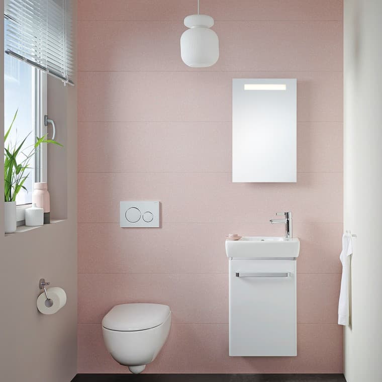 Malo kupatilo za goste sa Renova Compact umivaonikom za ruke i WC-om okačenim na zid Malo kupatilo za goste sa Renova Compact umivaonikom za ruke i WC-om okačenim na zid