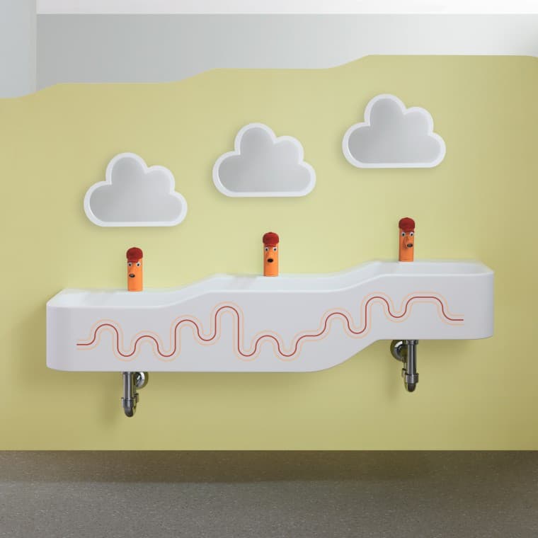 Geberit Bambini područje za igru i pranje u karmin crvenoj i narandžastoj boji Geberit Bambini područje za igru i pranje u karmin crvenoj i narandžastoj boji