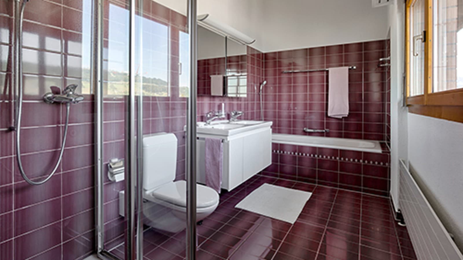 Kupatilo pre renoviranja sa crvenim pločicama Kupatilo pre renoviranja sa crvenim pločicama